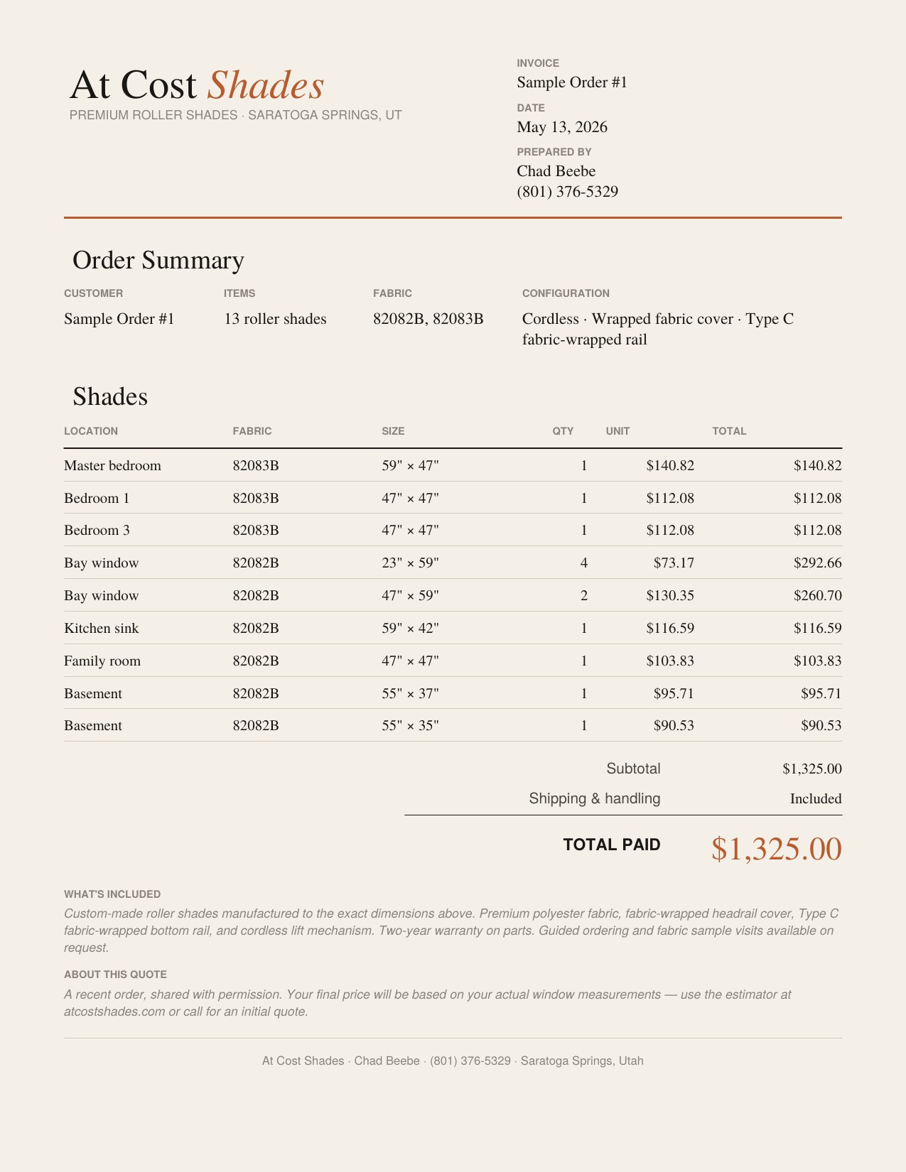 Sample invoice — cordless wrapped fabric shades