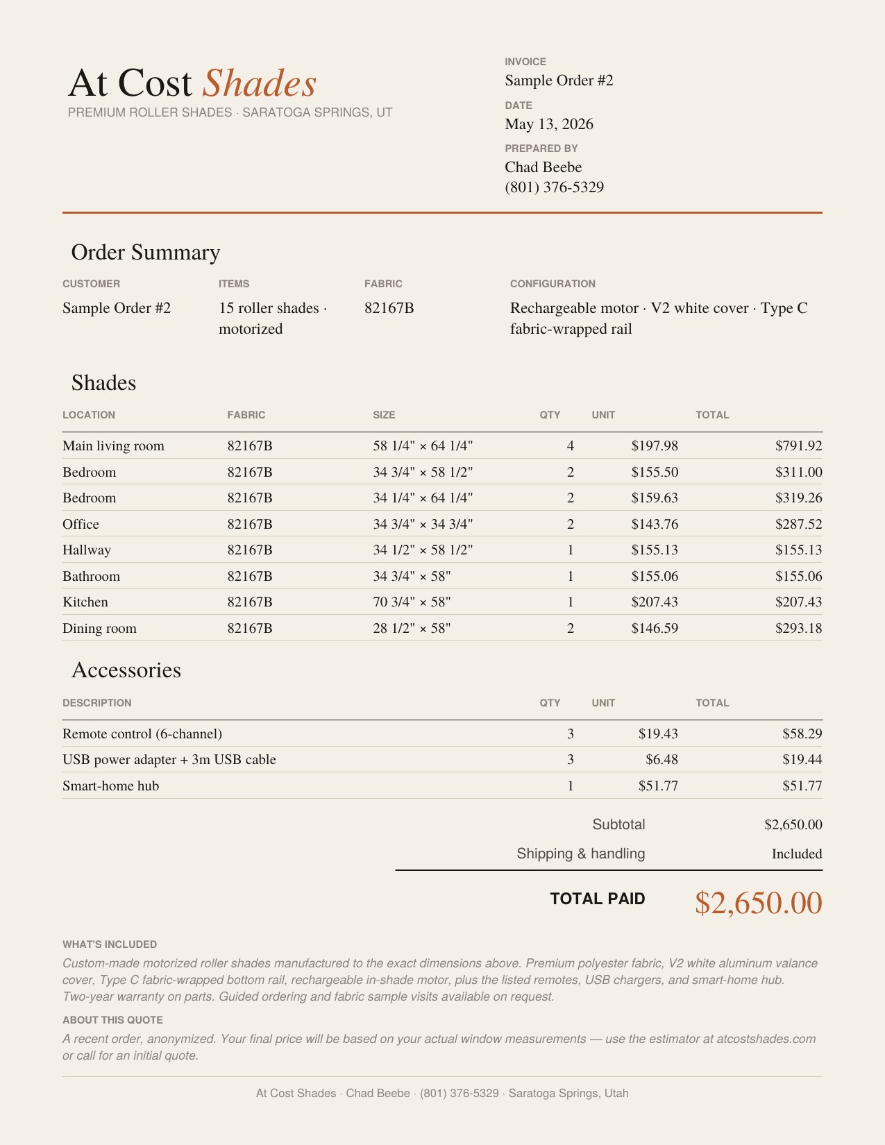 Sample invoice — motorized shades with V2 valance