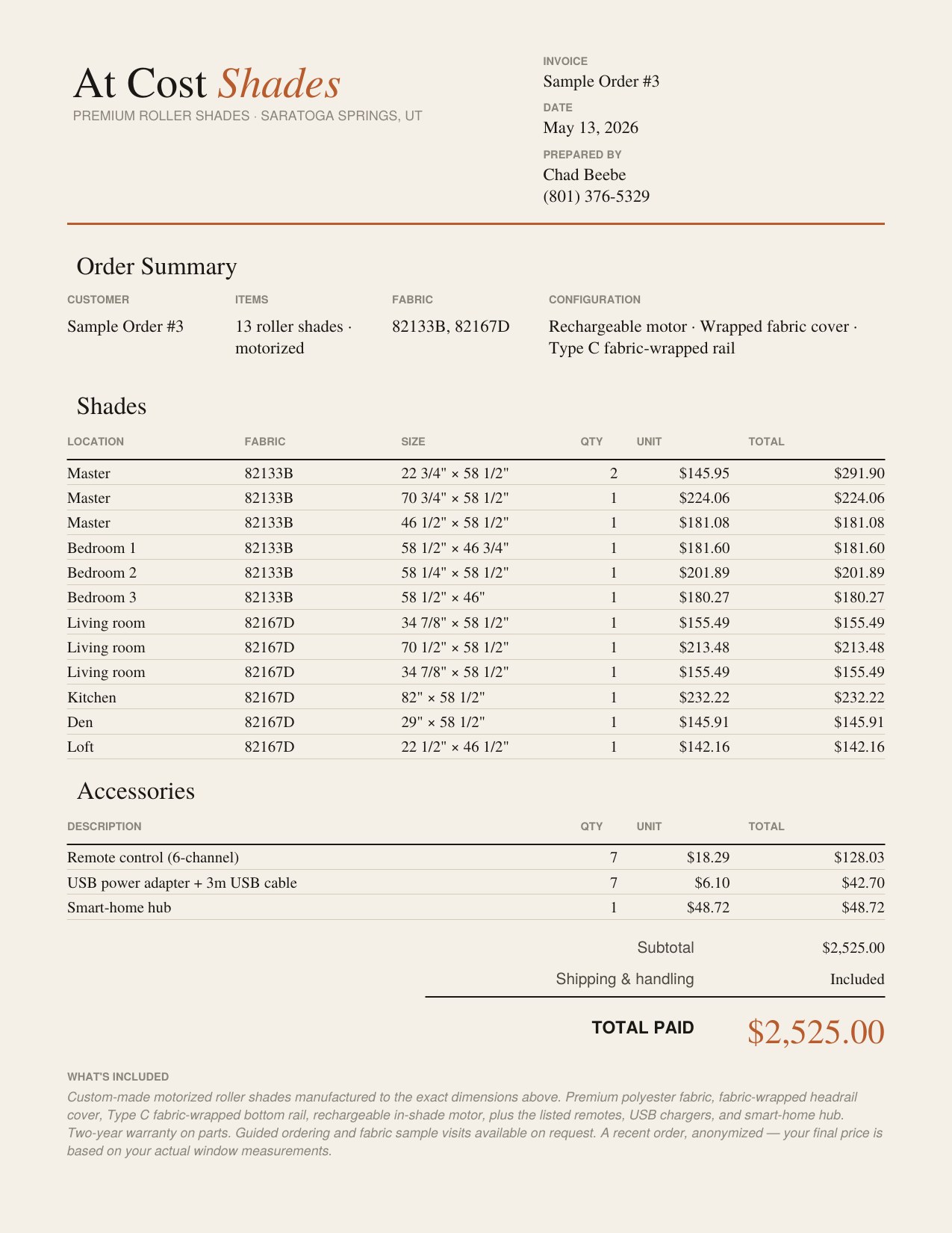 Sample invoice — motorized shades with smart-home hub