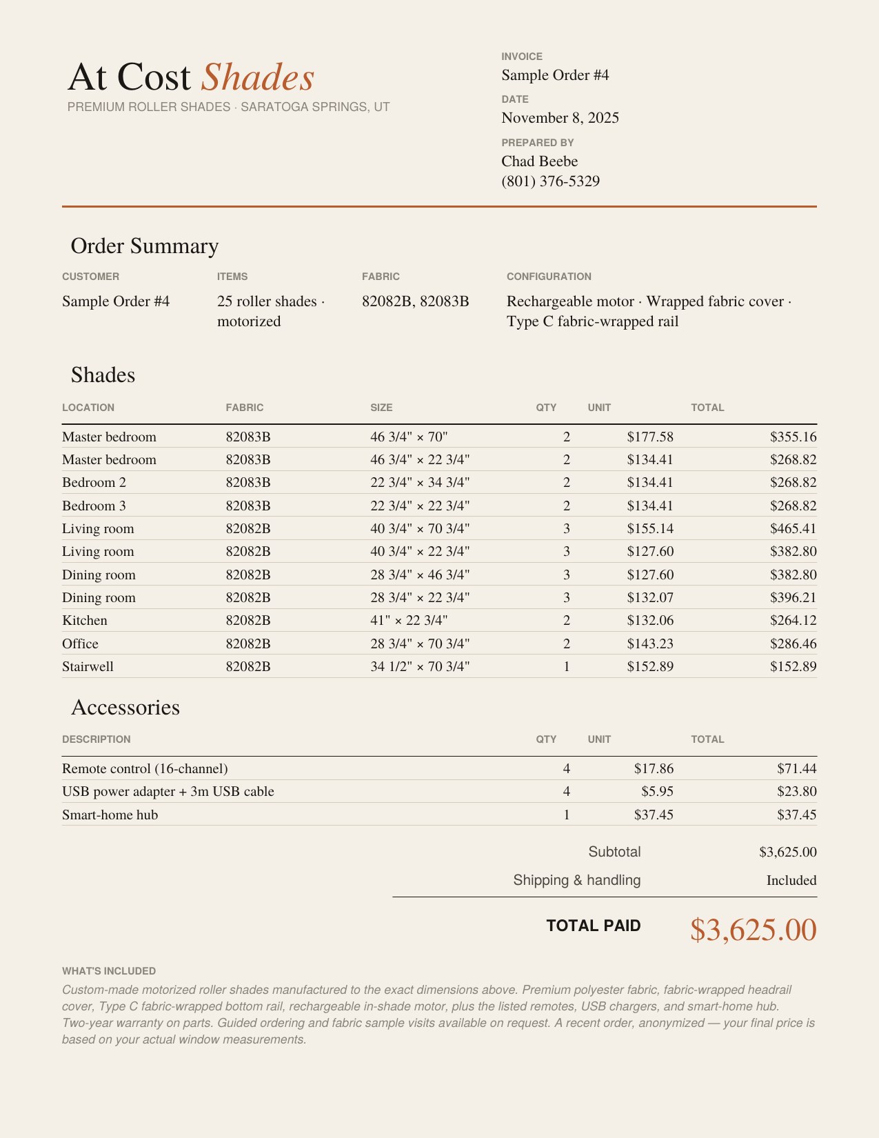 Sample invoice — 25 motorized shades, whole-home installation